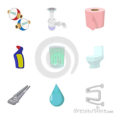 Bathroom icons set, cartoon style Vector Illustration