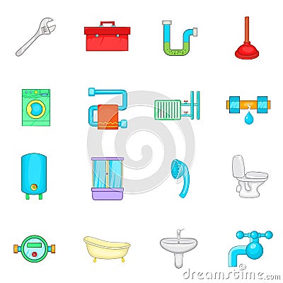 Bathroom icons set, cartoon style Vector Illustration