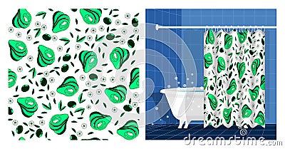 Bathroom interior with bathtub and curtain decorated Avocado cutting fruit seamless pattern with leaves and flowers. Vector Vector Illustration