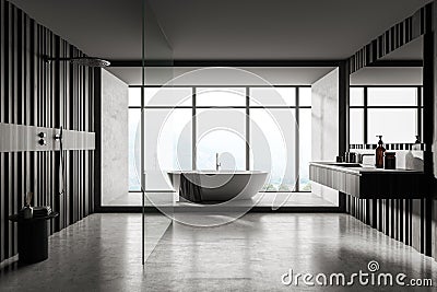 Bathroom interior with bathtub and shower, sink with view on countryside Stock Photo