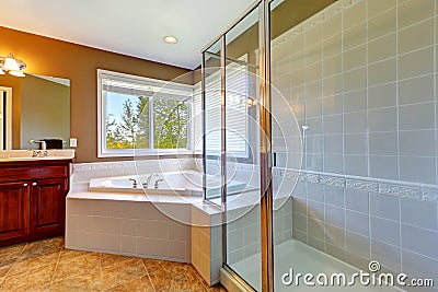 Bathroom interior with corner bath tub and screened shower Stock Photo