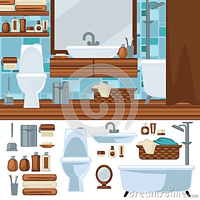 Bathroom interior design. Accessories and furniture set. Vector Illustration