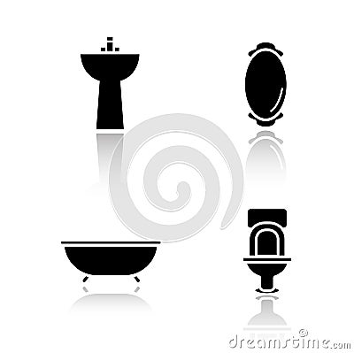 Bathroom interior drop shadow icons set Vector Illustration