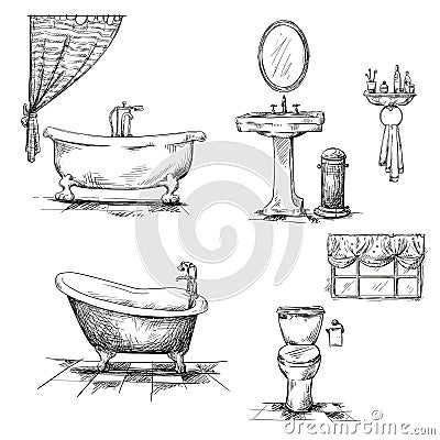 Bathroom interior elements. hand drawn. Bathtub, t Vector Illustration