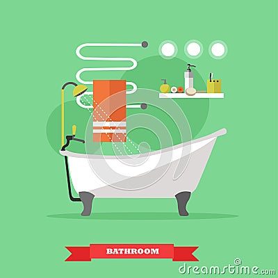 Bathroom interior with furniture. Vector illustration in flat style. Design elements, bathtub, shelves, heated towel Vector Illustration