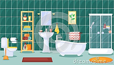 Bathroom interior illustration. Stylish central bathroom with shower white washbasin hanging mirror and toiletries rack Vector Illustration