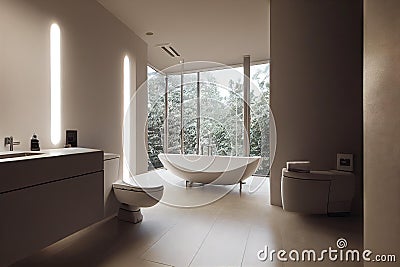 Bathroom interior with large full-wall window and bathtub with faucet. Stock Photo