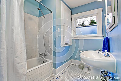 Bathroom interior in light blue tones with shower bath tub Stock Photo