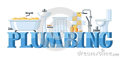 Bathroom interior. Plumbing banner. Vector Illustration