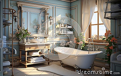 bathroom interior room with furniture bathtub shel Generative AI Stock Photo