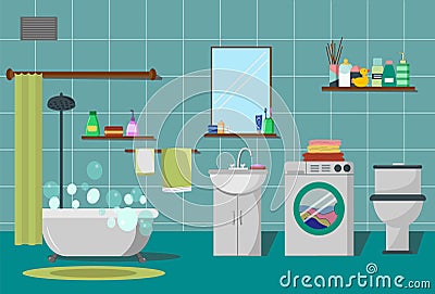 Bathroom interior with shower. Bathtub with curtain, cabinet and mirror, sink and toilet, hygiene items, towel and linen Vector Illustration
