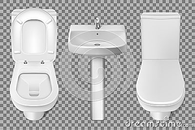 Bathroom interior toilet and washbasin realistic mockup. Closeup look at white toilet bowl and bathroom sink. 3d vector Vector Illustration
