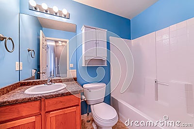 Bathroom interior with vanity unit toilet and bathtub against pastel blue wall Stock Photo