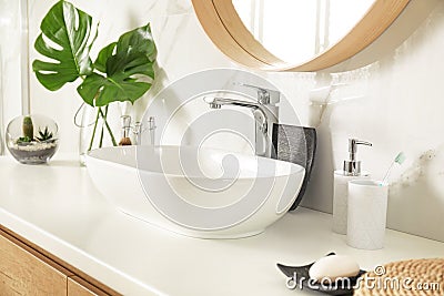 Bathroom interior with vessel sink and decor elements Stock Photo