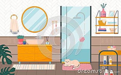 Bathroom interior. Washbasin with round mirror, shower cabin and furniture, cozy wet room, shelves with shampoos and Vector Illustration