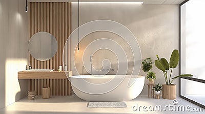 Bathroom interior with a white bathtub and wooden walls. 3d rendering. Stock Photo