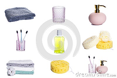 Bathroom items collage isolated on white. Bathroom items collage Stock Photo