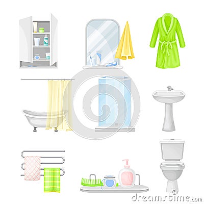 Bathroom Items with Pieces of Furniture and Lavatory Equipment Vector Set Vector Illustration