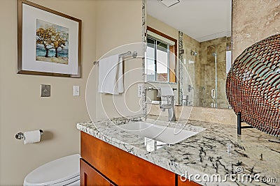 Bathroom with large mirror and granite countertop Stock Photo