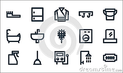 bathroom line icons. linear set. quality vector line set such as razor blade, water heater, sprayer, shower, plunger, bathtub, Vector Illustration