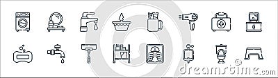 bathroom line icons. linear set. quality vector line set such as stool, urinal, trolley, soap, first aid kit, tap, toothbrush, Vector Illustration