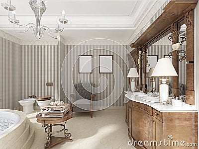 Bathroom in luxury neo-classical style with sinks tubs and a large round bath. Stock Photo