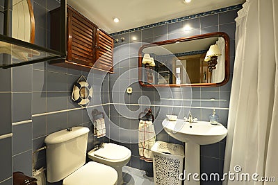 Bathroom with marine accessories, mirror with reddish wood frame and blue tiles with white border Stock Photo