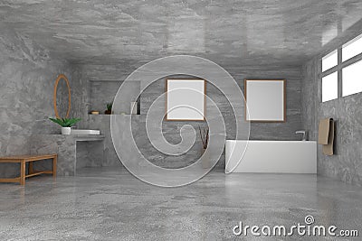 Bathroom with mock up frame photo and decoration in concrete room in 3D rendering Stock Photo