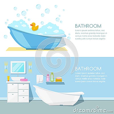 Bathroom modern interior, vector banner. Bathtub, furniture, hygiene goods and other design elements Vector Illustration