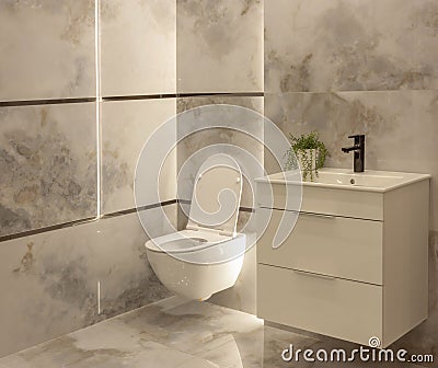 The bathroom overlooks an open toilet, tap with a sink, cupboard. Stock Photo