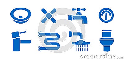 Bathroom plumbing equipment isolated icons set. Vector illustrations of leaking pipes, heating towel pipe, tap mixer Vector Illustration