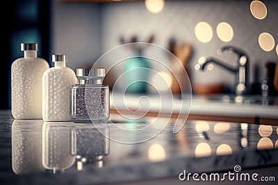 Bathroom products on modern counter with modern interior design. Flawless Stock Photo