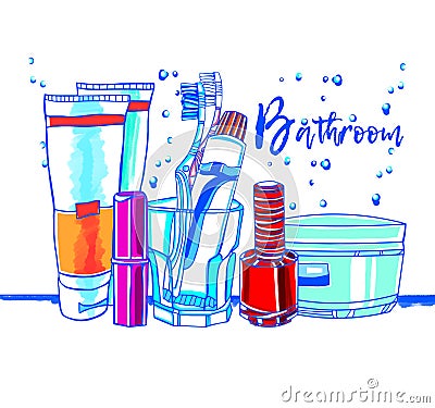 Bathroom room illustration wash bathe furniture Cartoon Illustration