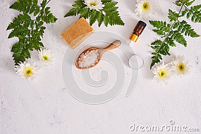 Bathroom salt, soap and aroma oil for spa on white background to Stock Photo