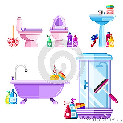 Bathroom and sanitary engineering cleaning. Vector isolated icons set. Vector Illustration