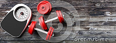 Bathroom scale, dumbbells on an old wooden floor background. Copyspace for text. 3d illustration Cartoon Illustration