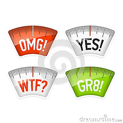 Bathroom scales displaying OMG, YES, WTF and GR8 messages Vector Illustration