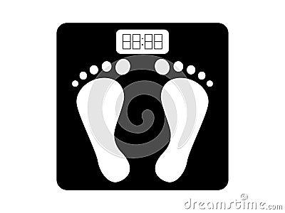 Bathroom scales with foot prints icon. Black object weight control with seat and electronic dial measuring overweight. Vector Illustration