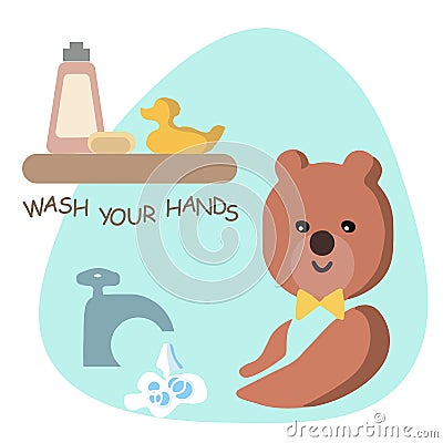 bathroom set flat for childish. Vector illustration. Funny teddy bear. Vector illustration. Isolated on white background Vector Illustration