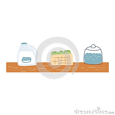 Bathroom shelf with bottles, detergent and towels in cartoon flat style. Vector illustration of cozy modern shelf Vector Illustration