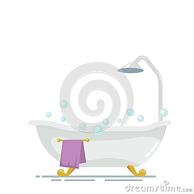 Bathroom with shower isolated on white background. Soap bubbles or foam. Purple golden towel a hanger. Vector Vector Illustration