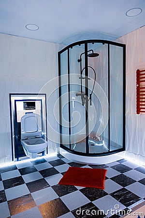 Bathroom with shower and toilet. Black and white check tiled floor Stock Photo