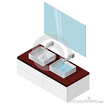 Bathroom sink. Isometric basin with tap. Kitchen interior infographic element. Vector Illustration
