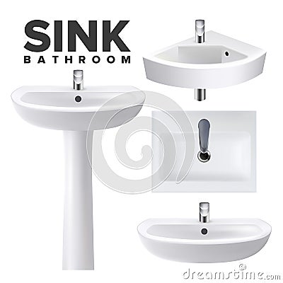 Bathroom Sinks For Wash Hands And Face Set Vector Vector Illustration