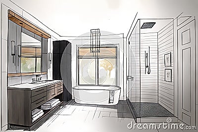 bathroom with sleek, modern design and minimalistic elements, featuring minimalist sketch Stock Photo