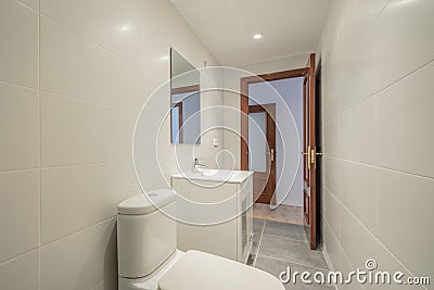 Bathroom with square white porcelain sink with square frameless Stock Photo
