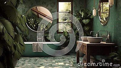 Bathroom with subway tile and a variety of dark green plants of deep forest style Stock Photo