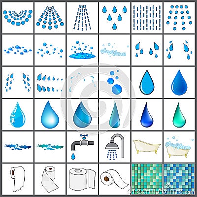 Bathroom symbol set. Template of water drop and spray, shower, bathtub, faucet and toilet tiles. Vector illustration isolated on Vector Illustration