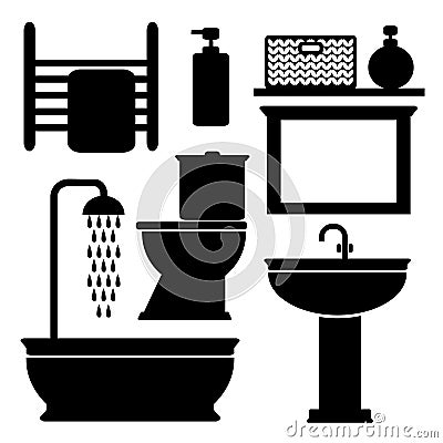 Bathroom toilet black icons set, Cartoon Illustration