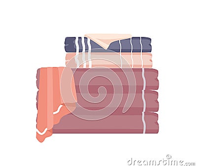 Bathroom towels pile flat colorful vector illustration. Soft folded towels stack isolated on white background. Fluffy Vector Illustration